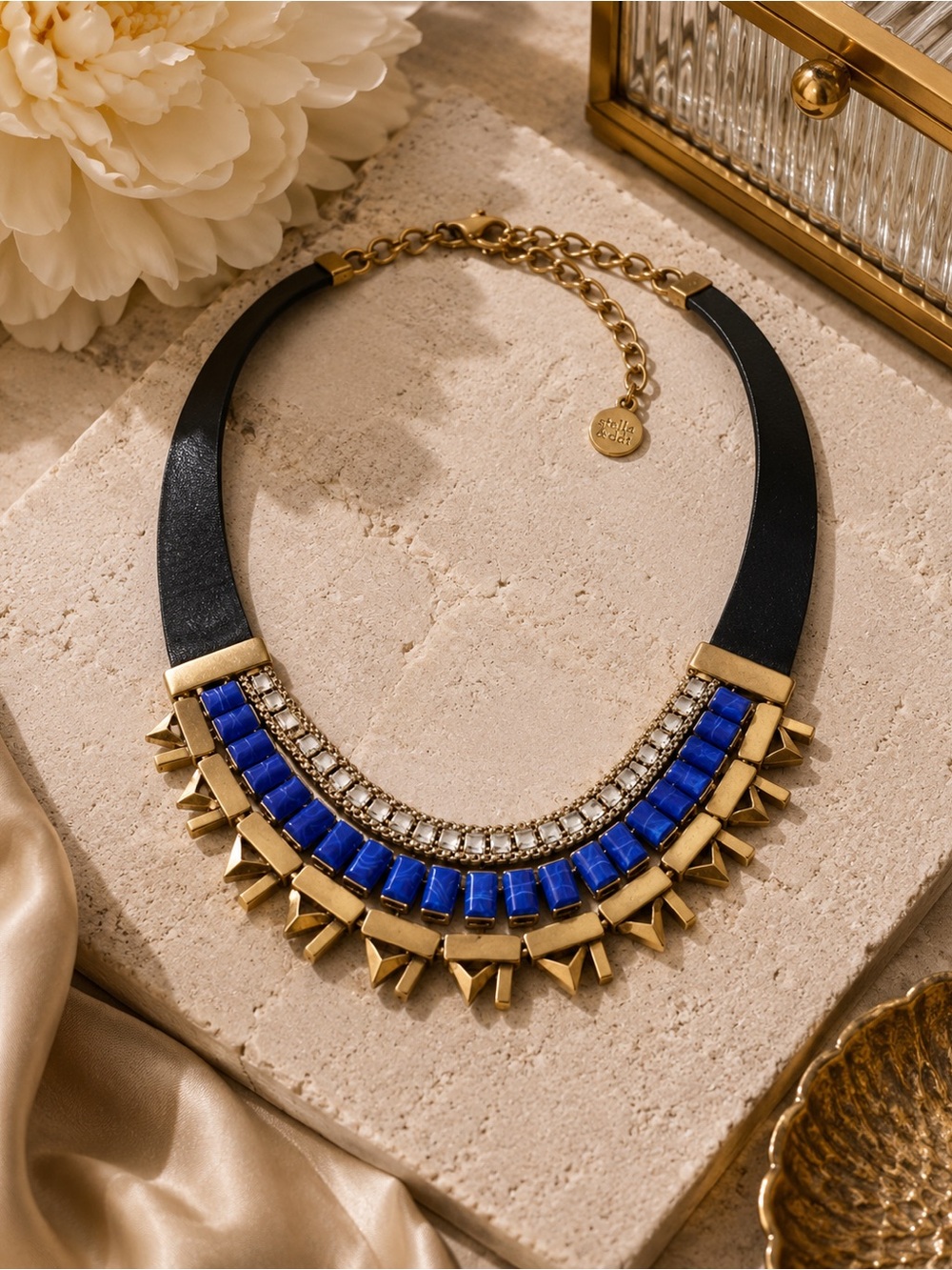 Natalie chunky statement necklace - leather, studded and jeweled